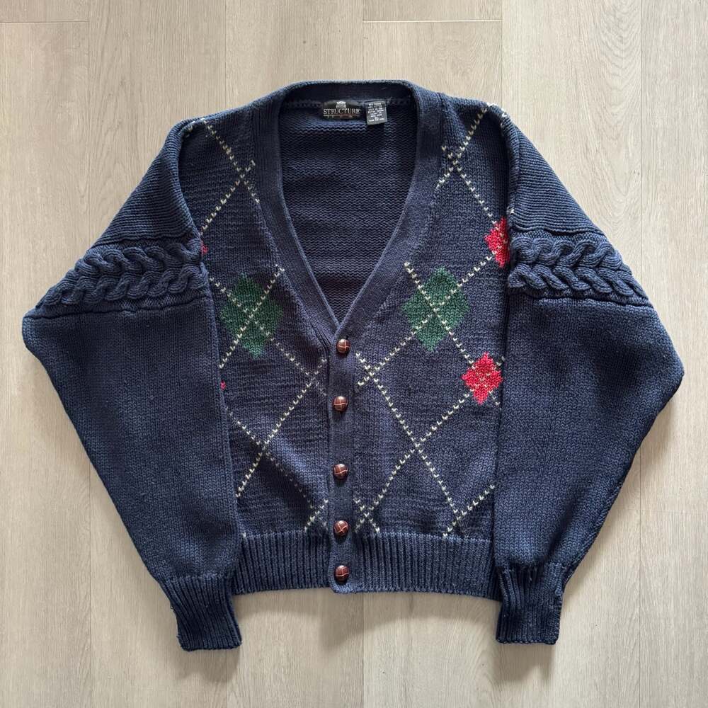 Vintage Structure Argyle Cardigan Sweater Navy Blue XL